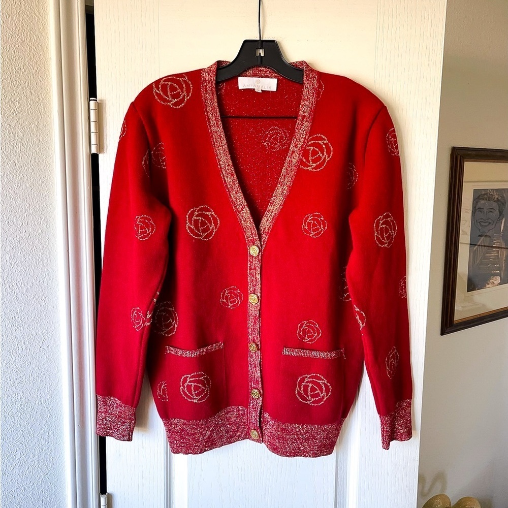 Ami Amalia Peonies In Bloom Cardigan Merino Wool Red Gold Medium EUC